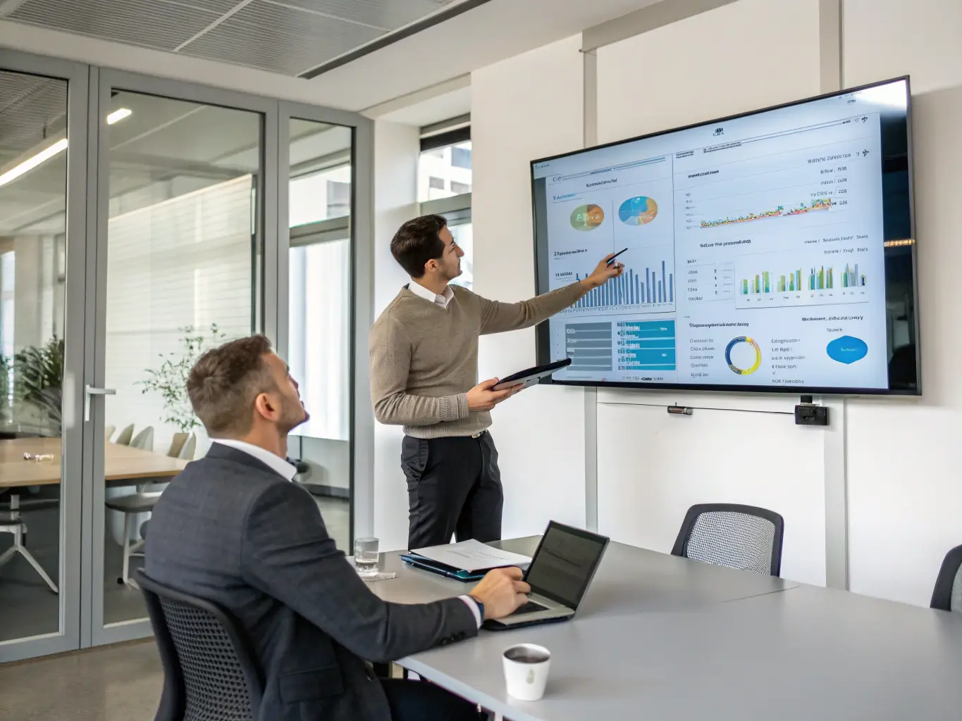 An image showing a consultant presenting data-driven insights to a client in a boardroom. The client appears engaged and receptive to the information.