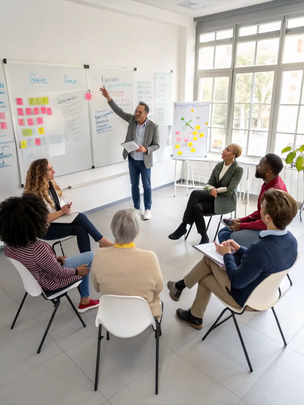 A consultant facilitating a workshop with a client team, fostering collaboration and knowledge sharing, demonstrating Axiomith's focus on empowering organizations.