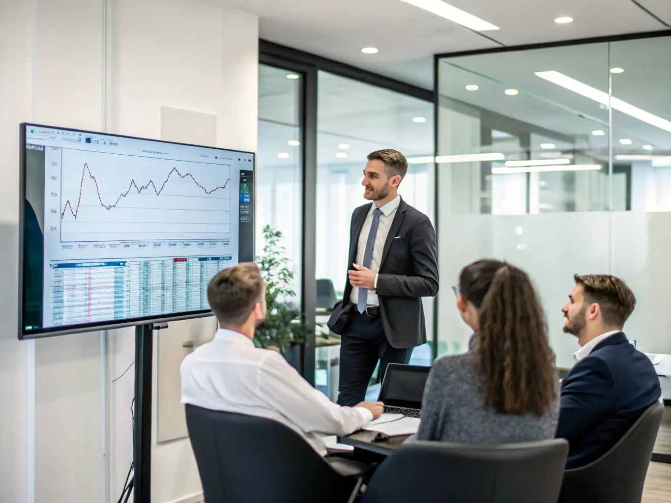 A consultant presenting a case study to a client, highlighting Axiomith's successful project outcomes.