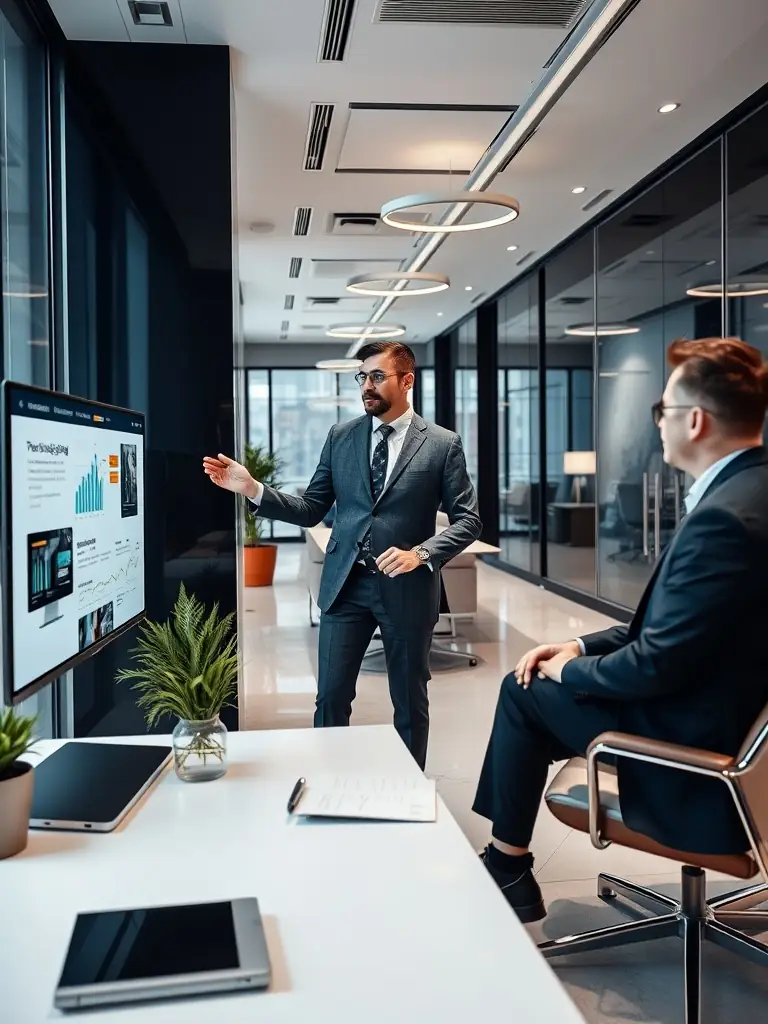 A consultant presenting a clear and concise strategic plan to a client, highlighting key milestones and expected outcomes, emphasizing Axiomith's commitment to clarity and precision.