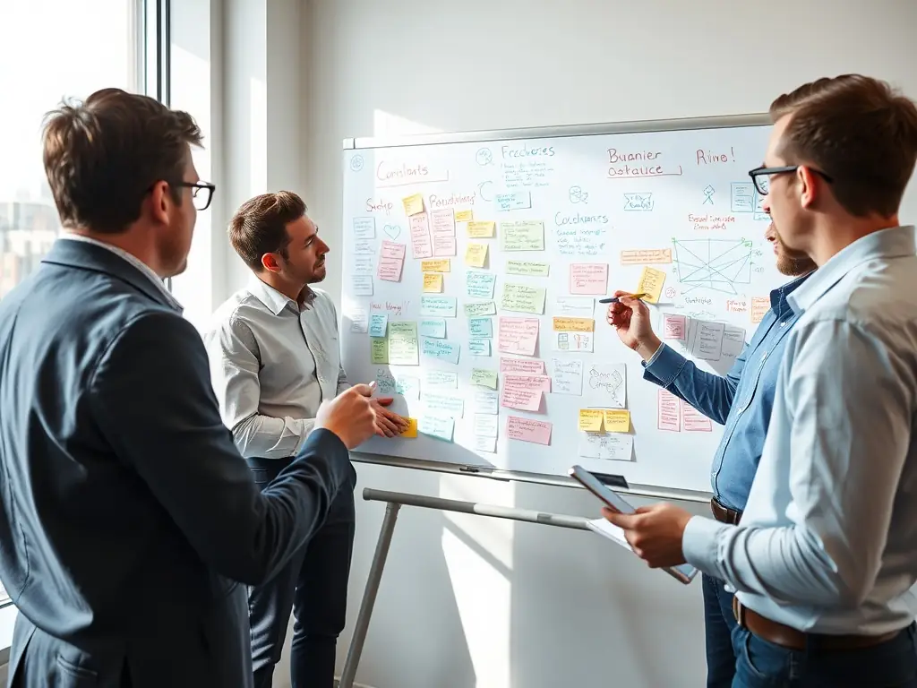 An image depicting a team of consultants collaborating over a strategic plan, brainstorming ideas on a whiteboard in a modern office setting. The atmosphere is collaborative and focused.