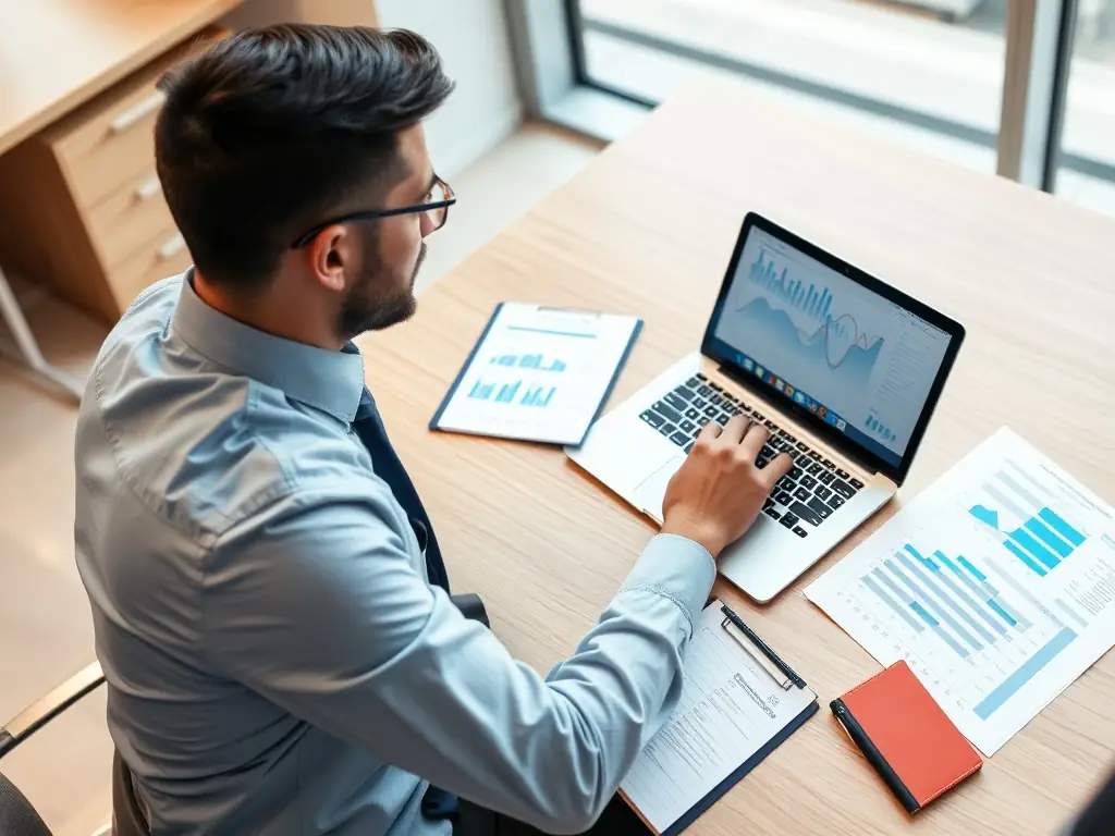 A consultant deeply engrossed in strategic planning, surrounded by charts and data, symbolizing Axiomith's strategic consulting services.