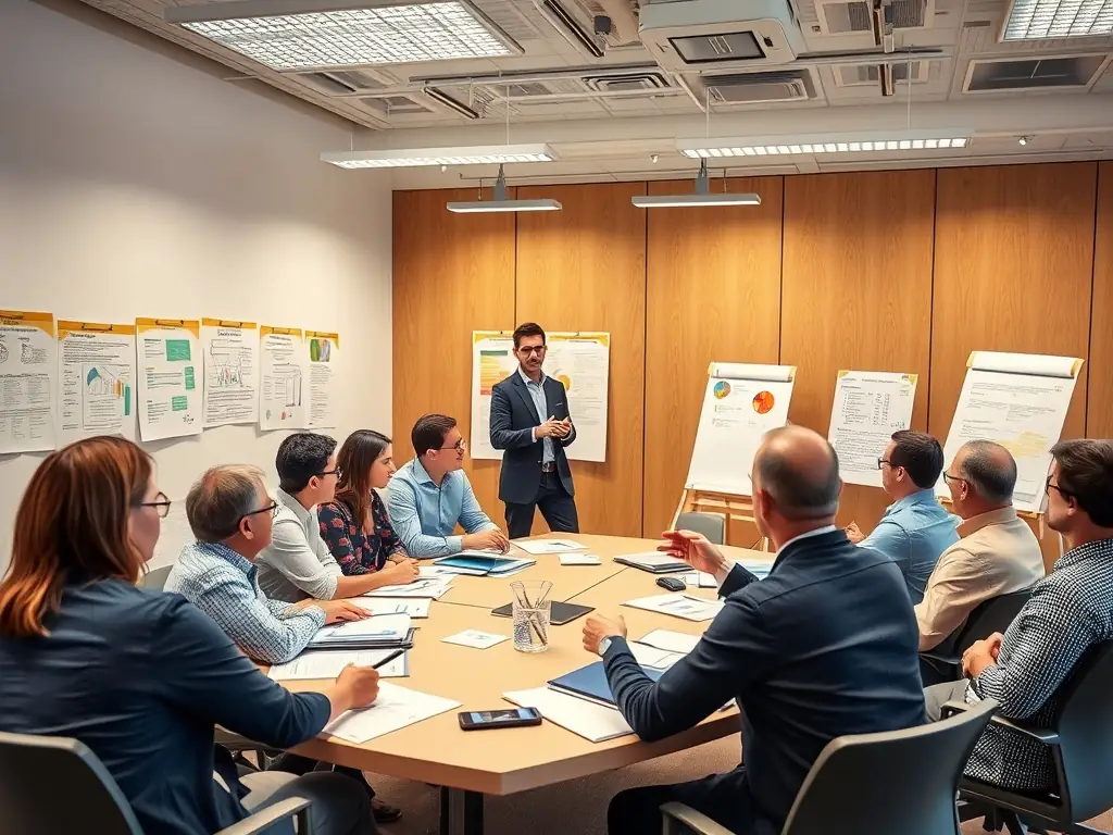 An image depicting a consultant facilitating a workshop with a diverse group of stakeholders, fostering collaboration and problem-solving.